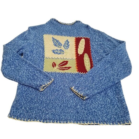 Celina Yang Designs Sweater W/ Leaf Motif Womens Large Blue Patchwork Style - Picture 5 of 11